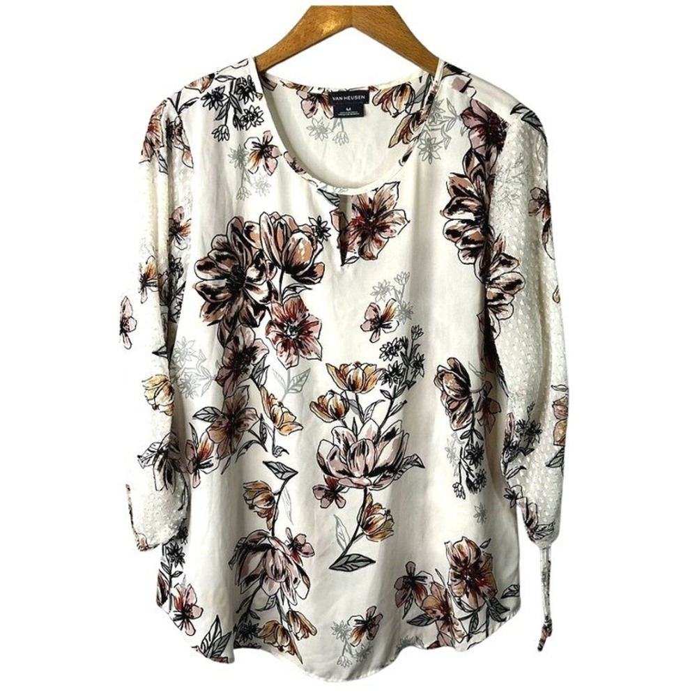 Van Heusen‎ Blouse Floral Swiss Dot Keyhole Neck Whimsical Romantic Top Medium